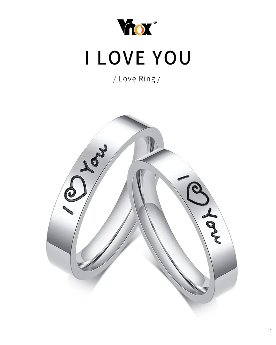 Vnox 4 мм I LOVE YOU свадебные кольца для мужчин и женщин из нержавеющей стали Элегантное сердце пара группа юбилей для влюбленных Gfit