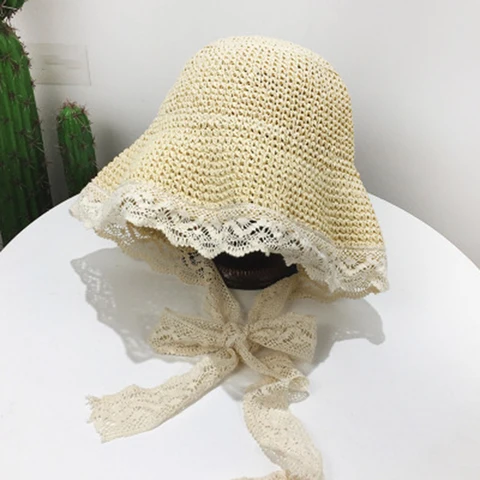 Шляпа женская Соломенная с бантом, складная Панама во французском стиле, с кружевной лентой, для отдыха, пляжа, для прогулок и путешествий, летняя