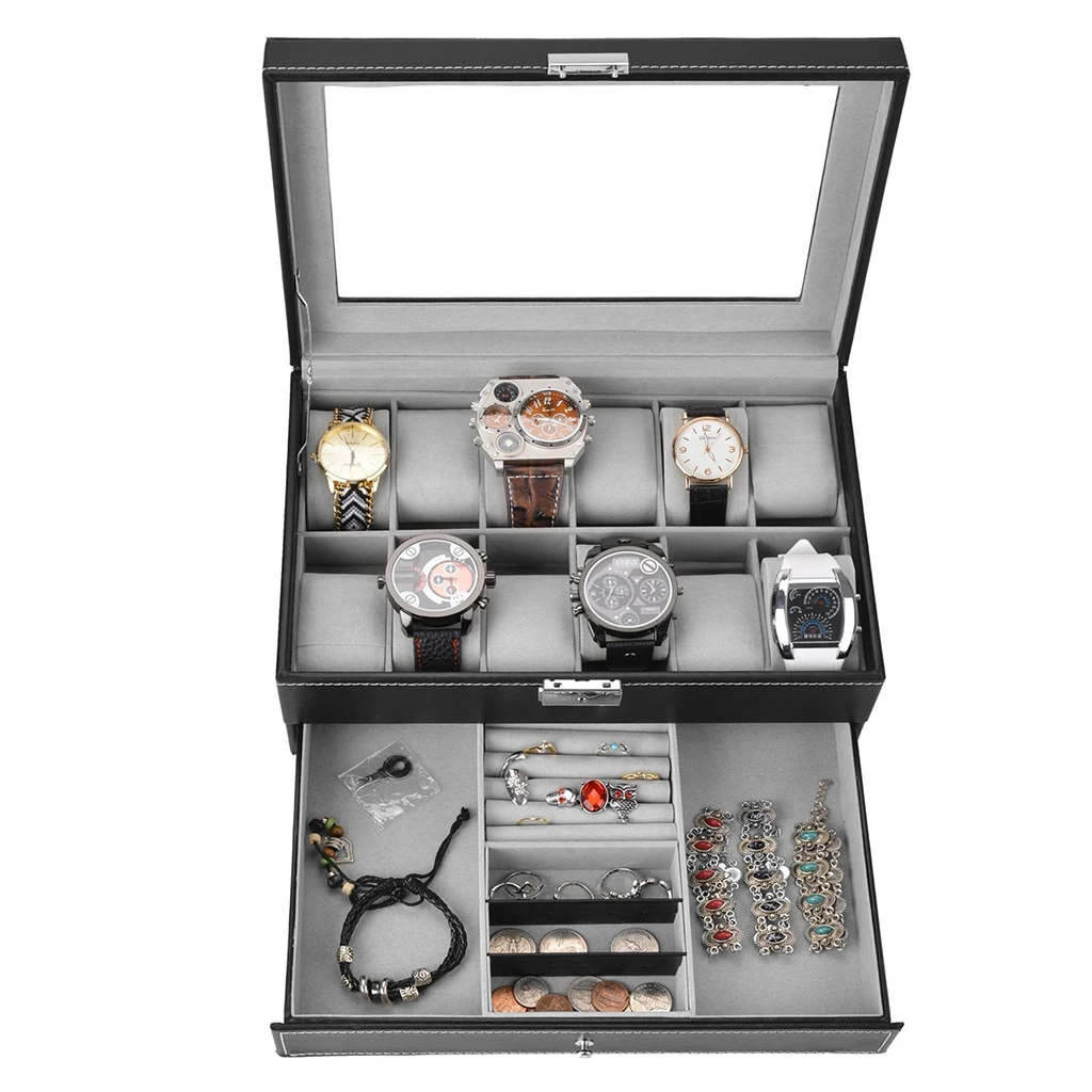 

12 Slots Watch Box Black PU Leather Display Glass Lid Jewelry Box Organizer