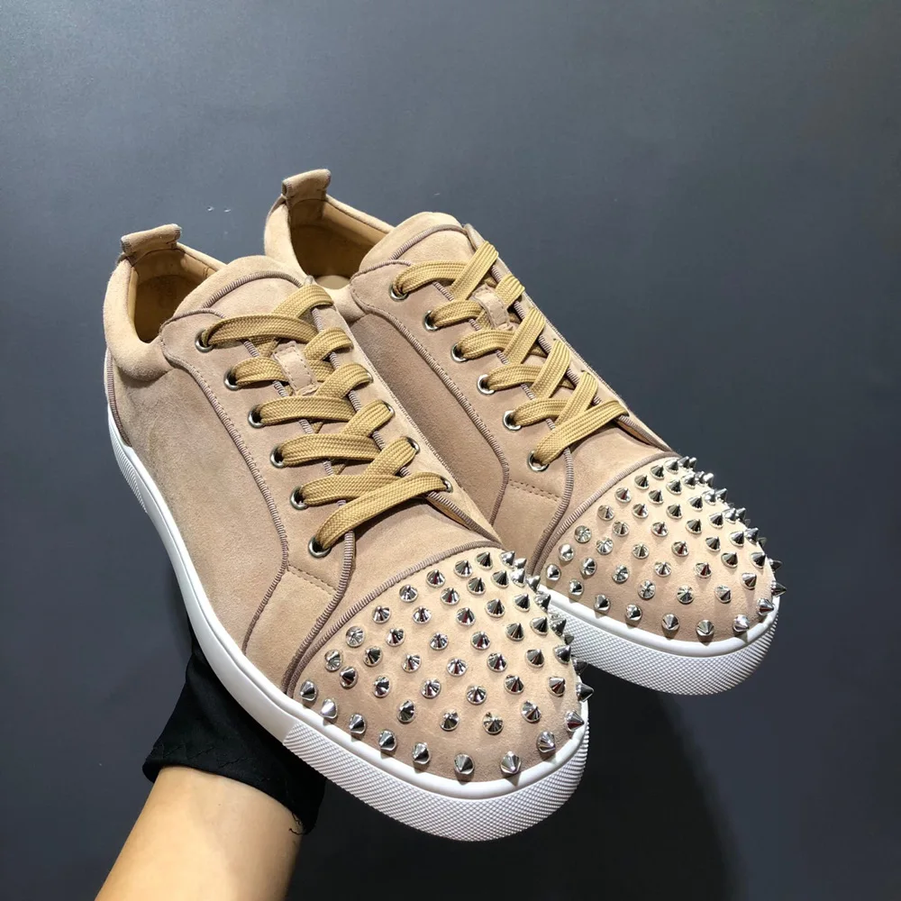 

Khaki Genuine Leather Men Casual Red Bottom Shoes Silver Rivet Toecap Luxury Women Loafers Sneaker Driving Shoes Plus Size 47 48