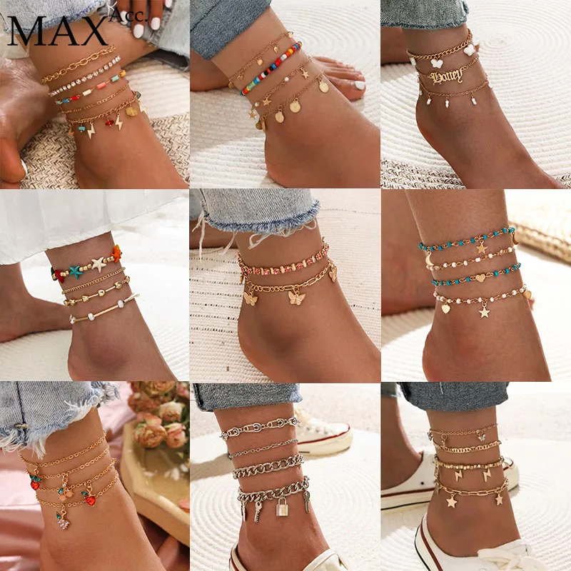 

AccMax Summer New Multi Layers Anklet Crystal Stars Butterfly Zinc Alloy Women Jewelry Gold Color Beach Sandals Bead Anklets