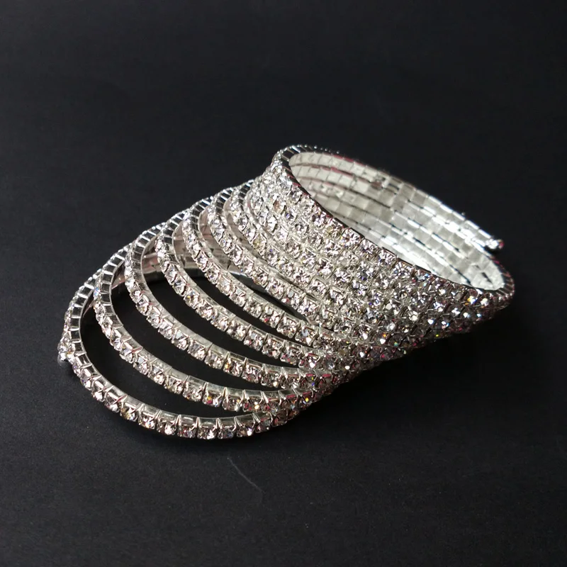 10 рядов Стразы Спиральный Браслет посеребренный и золотой цвет свадебные