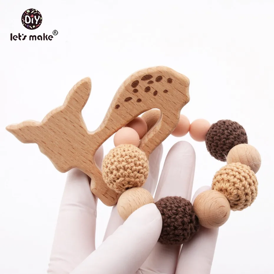 Детский деревянный браслет-прорезыватель из бука животный слон олень вязаный
