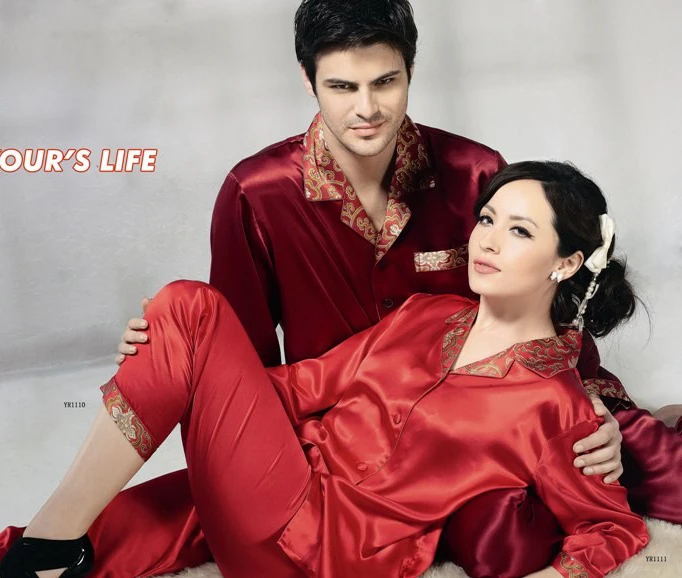 Men Silk Pajamas 100% Pure Silk Couples Pajamas Top Bottom Set For Men Red Size L XL XXL