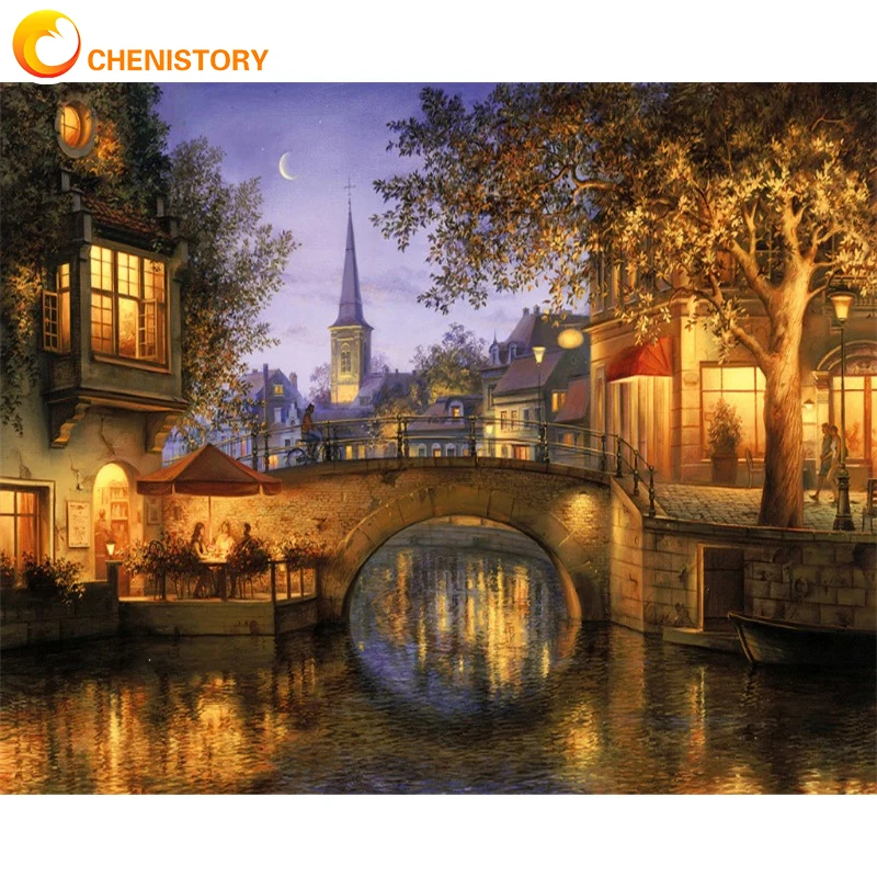 

CHENISTORY Frame Picture DIY Painting By Numbers Bridge Night Acrylic Handpainted Picure By Numbers Coloring Wall Art Diy Gift
