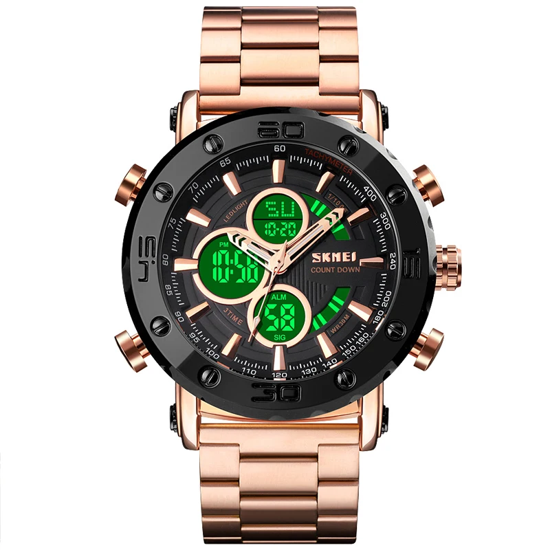 Luxury Stainless Steel Men's Watches Top Brand SKMEI Wristwatch Men Digital Watch 3 Time Count Down Clock Waterproof Watch Man