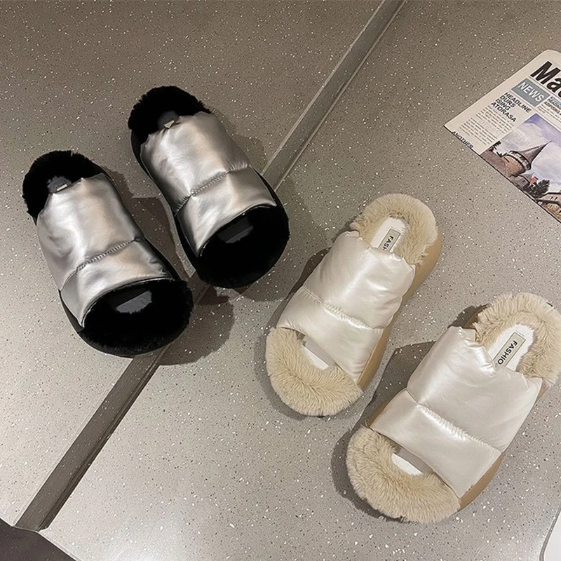 Shoes For Women 2021Winter Ladies Slippers Fashion Indoor Plush Faux Fur  Warm  Down Slip On Flats Sapatos Femininos