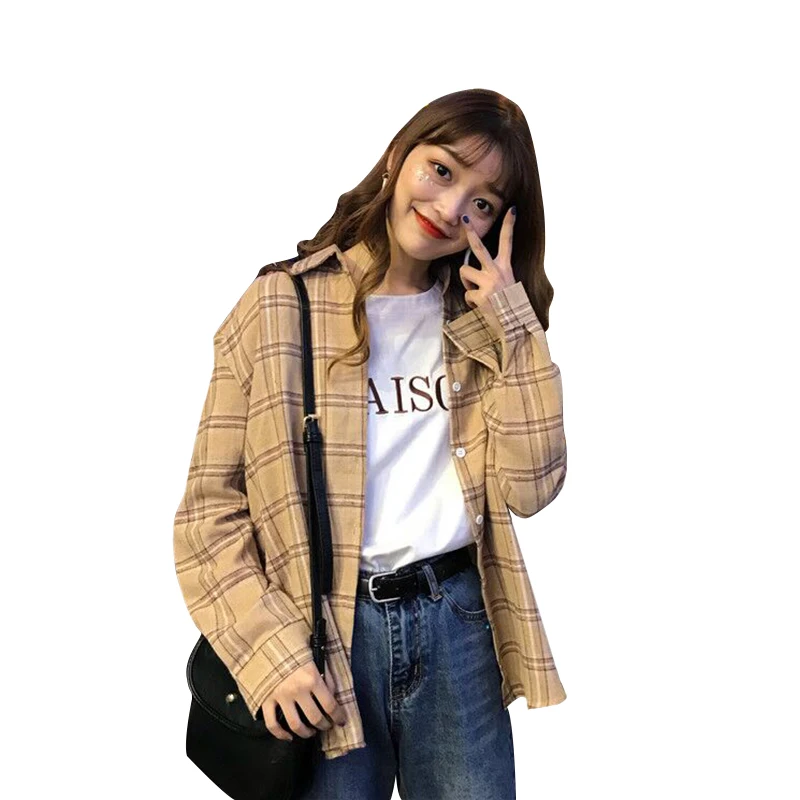 Женская Повседневная рубашка в клетку свободная винтажная блузка Корейском
