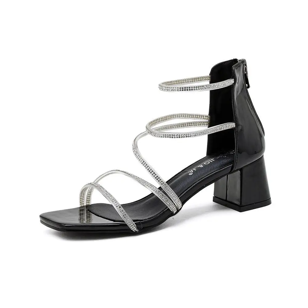 

Square Toe Comfort Shoes for Women Rhinestone Sandals 2021 Summer High Heels New Girls Fashion High-heeled Block PU Back Strap C