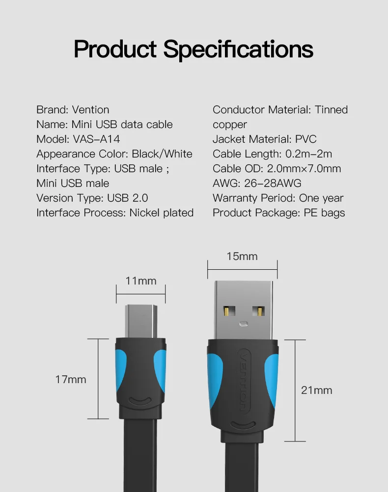 Vention Mini USB кабель мини-usb к USB кабель для быстрой передачи данных для MP3 MP4 плеера Автомобильный видеорегистратор gps цифровая камера HDD Mini USB 1 м 2 м