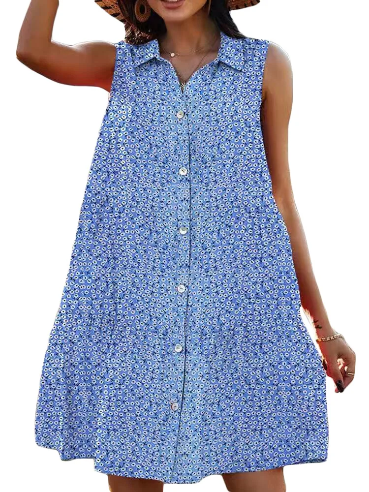 

Women Digital Print Dress Summer A-Line loose Pleated Dresses Casual Sleeveless Cardigan Lapel Beach Bohemia Mid Skirt Vestidos