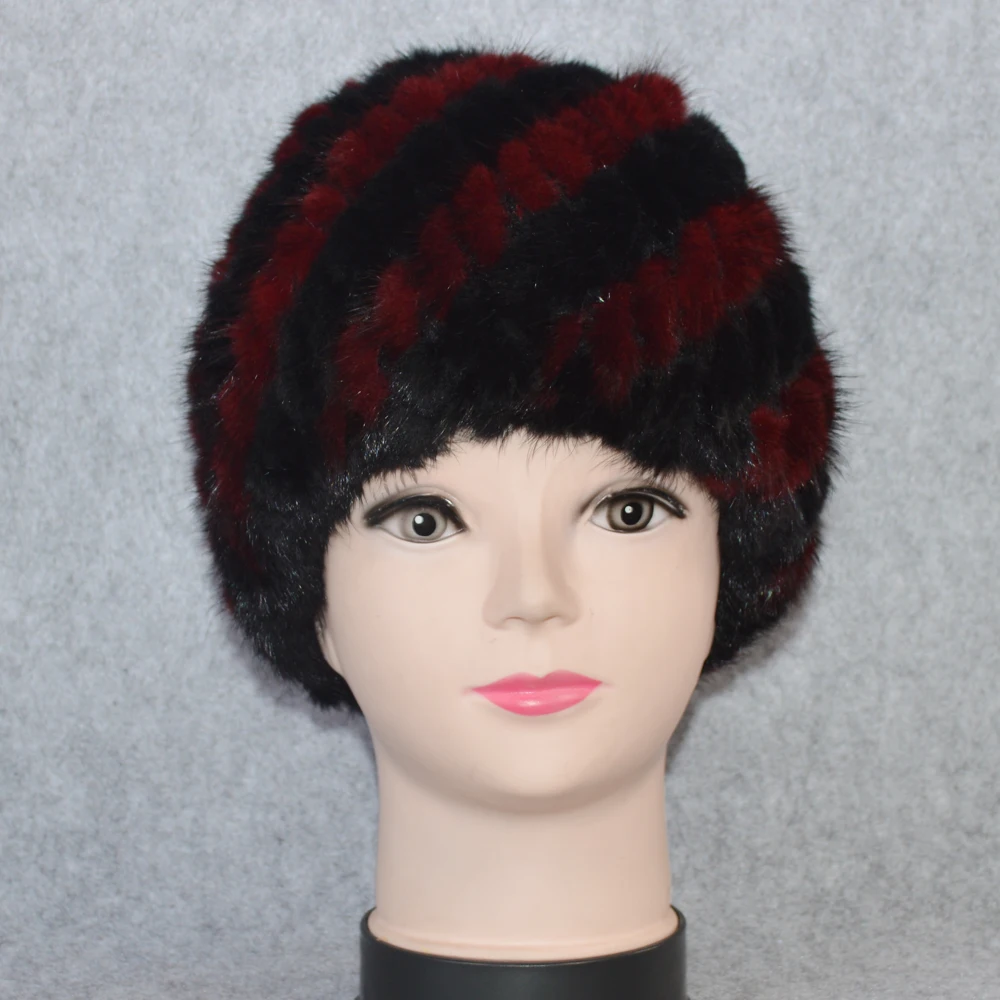 Cotton Lining Winter Lovely Real Mink Fur Hat Women Good Elastic Knitted Real Natural Mink Fur Beanies Caps Real Mink Fur Cap