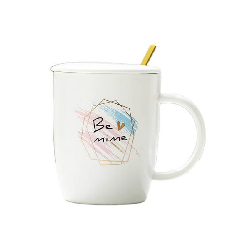 

400ML Modern Simple Ceramic Coffee Mug Home Couple Milk Breakfast Mug Spoon Handle with Lid Creative Geometric Ceramic Cup