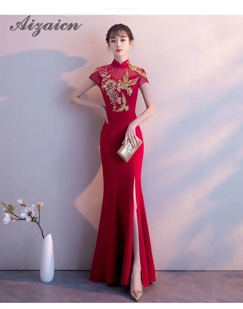 Вышивка Cheongsam длинное традиционное китайское винтажное платье красное свадебное платье Русалка сексуальное платье Ципао с разрезом Современные платья