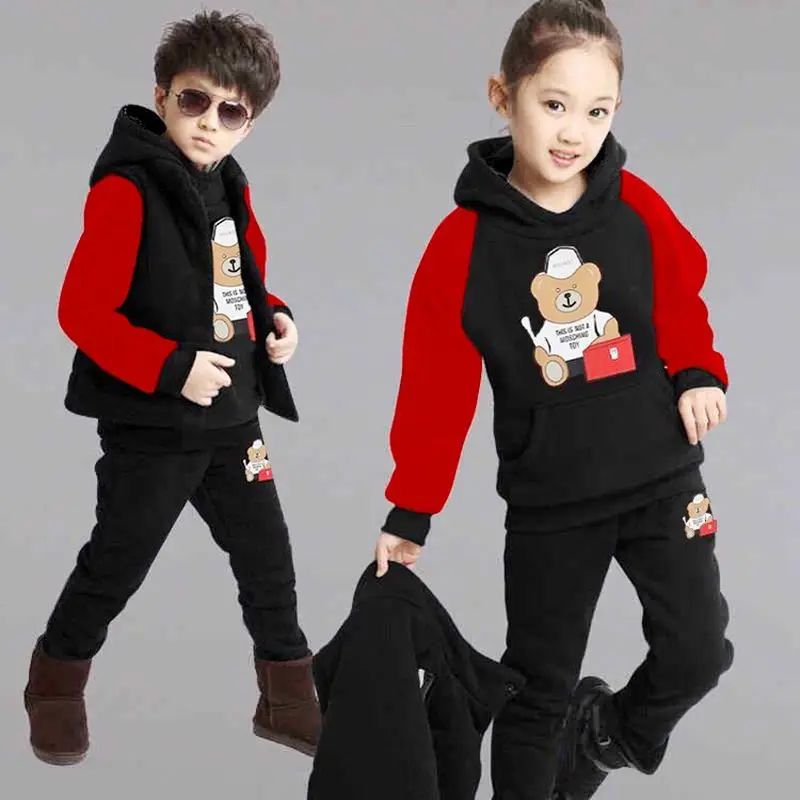 

3PCS Sweatshirt +Pants+Vest Cartoon Outfits Boy Girls School Uniform Fall Winter Thick Warm Clothing Set Children Tracksuit New