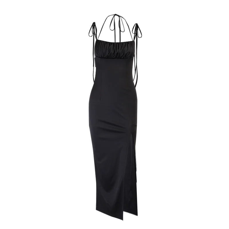

InsGoth Spaghetti Strap Sexy Black Dress Goth Bodycon High Waist Slit Dress Women High Street Backless Party Club Wear Dresses