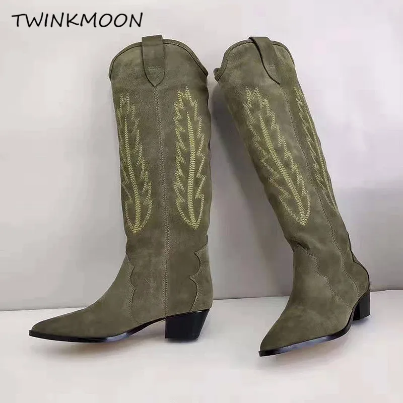 Замшевые женские высокие сапоги до колена с вышивкой осенне-зимняя обувь на