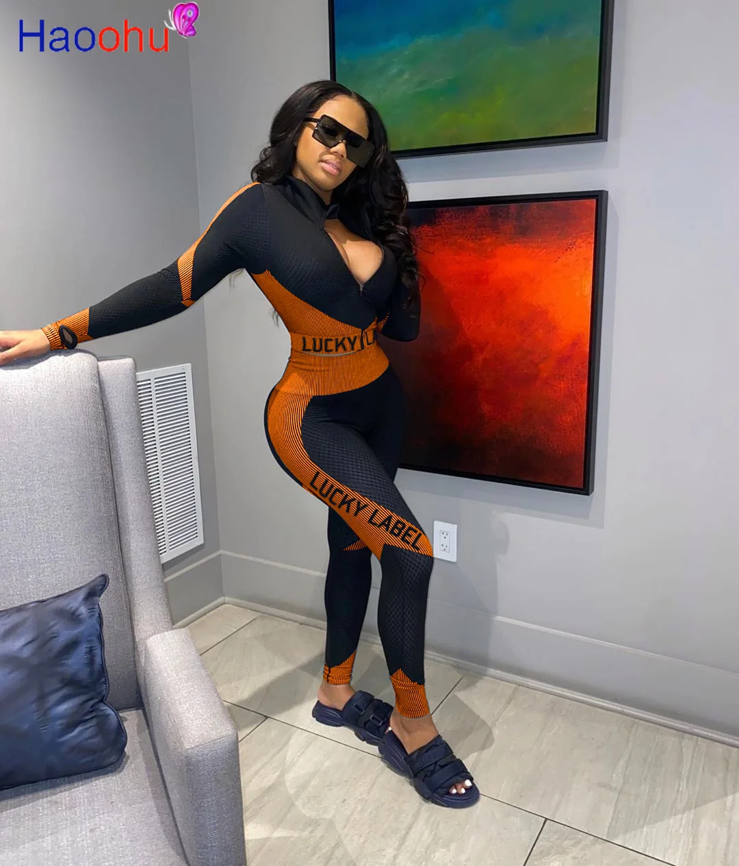 

HAOOHU Activewear Women's Set Long Sleeve Tops Legging Pant Set Letter Tracksuit Fitness Two Piece Outfit Sporty Sweatsuit