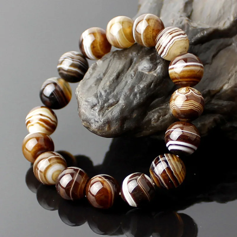 

Drop Shipping Natural Sardonyx Brown Stripe Agate Lovers Bracelets Round Stone Beads Bangle For Women Men Crystal Jewelry Gifts