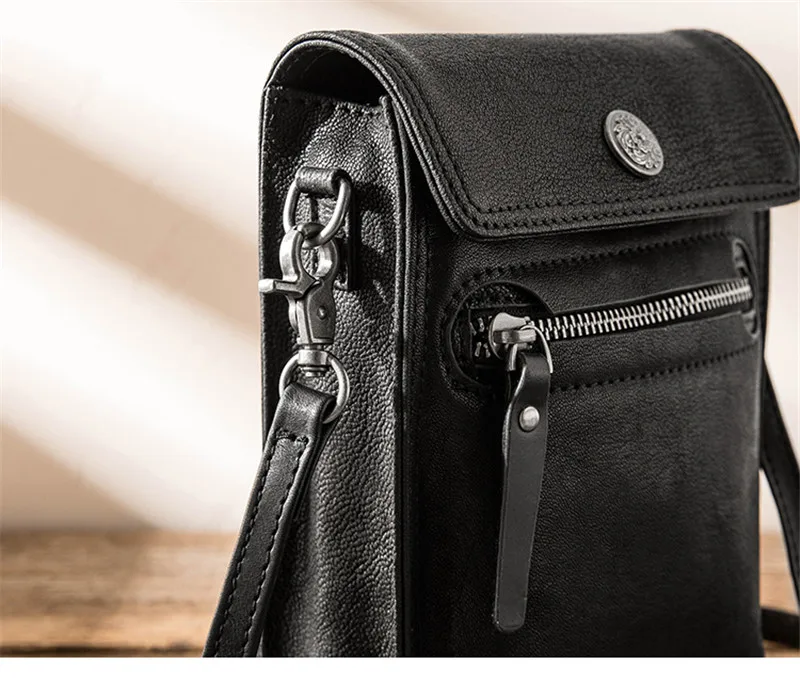 Simple casual designer natural real leather men's black shoulder bag everyday outdoor small mini mobile phone messenger bag