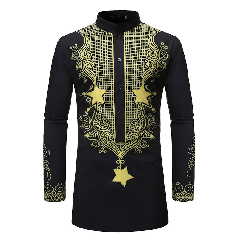 Рубашка ZUZK мужская с длинным рукавом приталенная принтом в национальном стиле