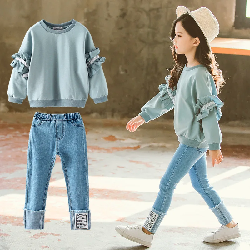 

2020 Spring and Autumn New Girls Lace Sleeve Sweater Jeans Set Big Kids Korean Children's Wear Two-piece Autumn Set