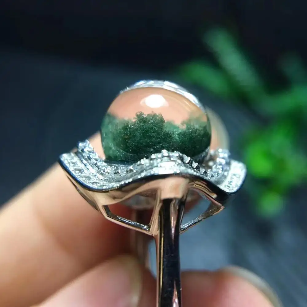 Натуральный зеленый фантомный кварцевый кристалл регулируемое кольцо серебро 925