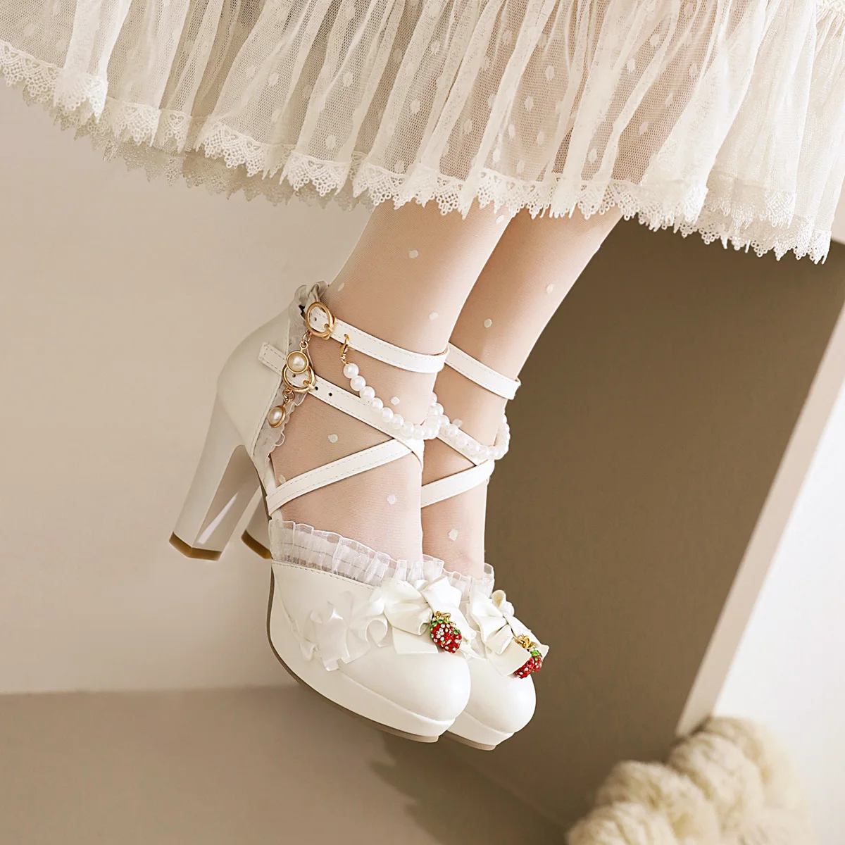 Side Open Women Spike Heels Shoes Round Toe Lolita Girls Dress Party Pumps with String Bead Pearl Sweet Bow Strawberry