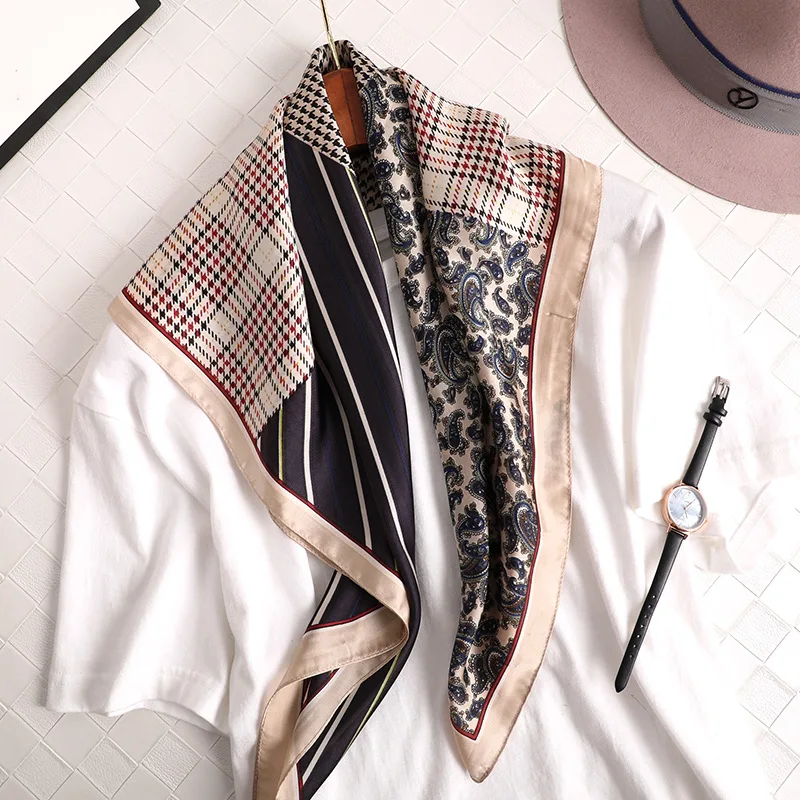 Модный клетчатый шарф из шелка - квадратная лента на волосы и шею, фуляр, пашмина, ободок, шаль для женщин, платок.