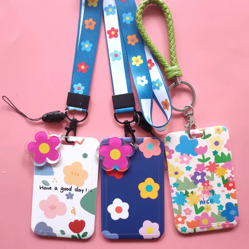 

Cartoon ID Credit Bank Card Holder Students Bus Card Case Lanyard Women Floral Pattern Fashion Identity Badge Cards Cover