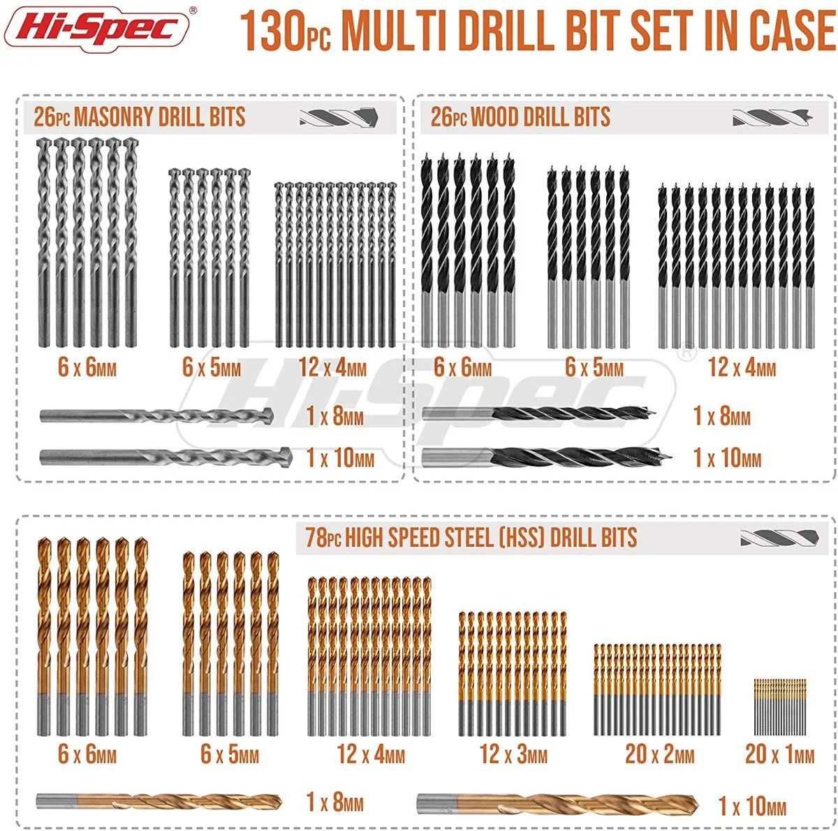 Hi-Spec 130pc HSS Twist Drill Set 1-6mm Multi Metal Bit in Case Hand Tool for Woodworking Plastic Aluminium | Инструменты