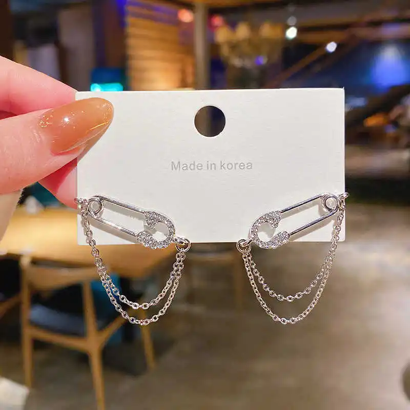 

Simple full diamond high-grade PIN Earrings female 925 silver needle chain tassel personality net red same Earrings