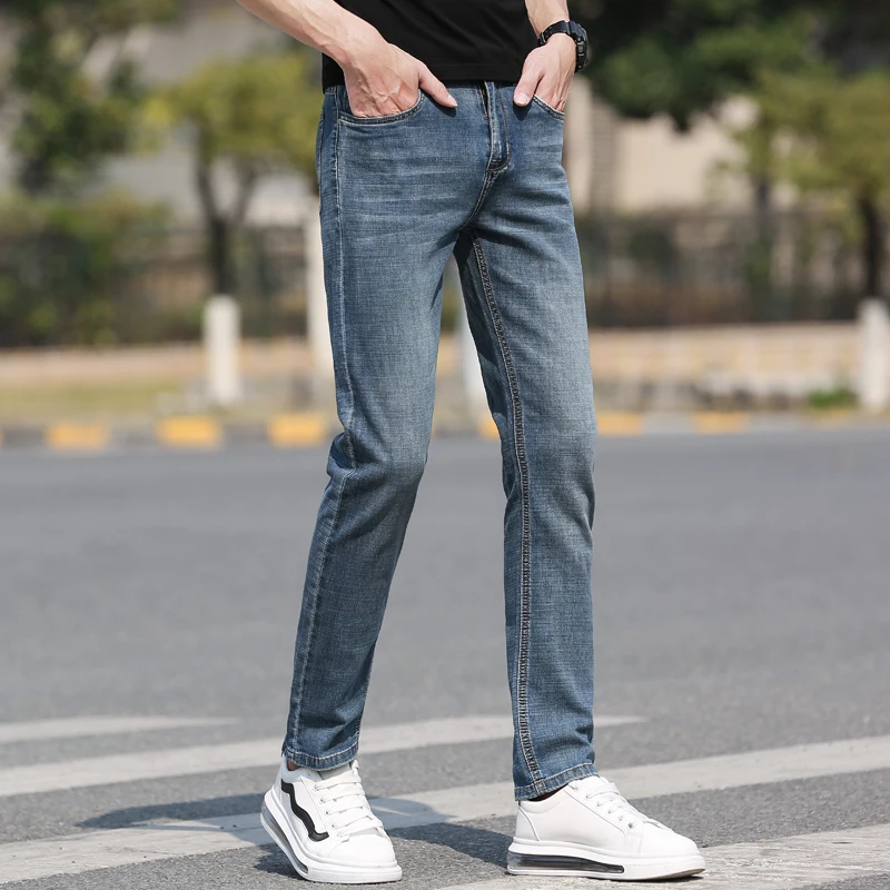 

2021 Spring/Summer Slim Straight Lightweight Stretch Jeans Classic Style Retro Blue Youth Men's Fashion Fit Thin Brand Jeans
