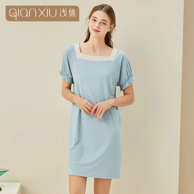 

Summer nightdress ladies new product bamboo fiber short-sleeved mid-skirt bamboo fiber pure color home nightdress women