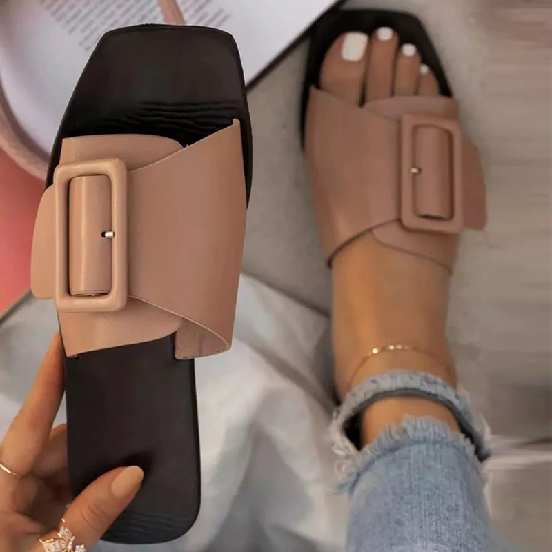 

Женские повседневные тапочки, Новинка лета 2021, модная однотонная женская обувь из искусственной кожи на плоской подошве, уличные пляжные уд...