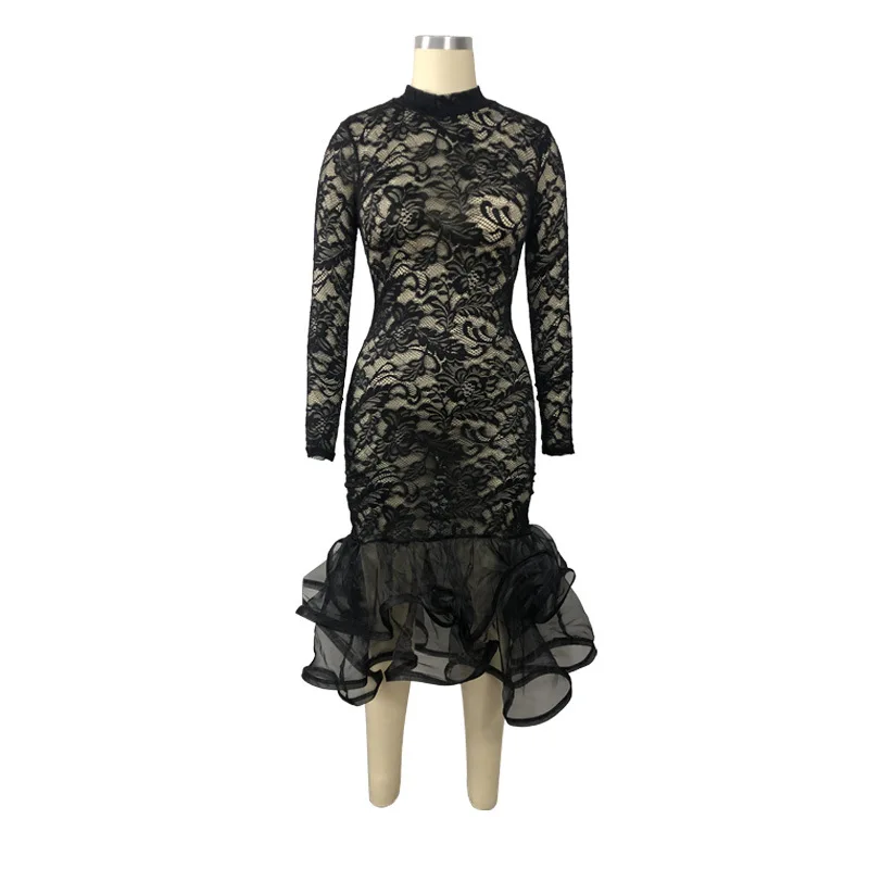 Женское кружевное платье с длинным рукавом Exy Черное длинное Русалка оборками и