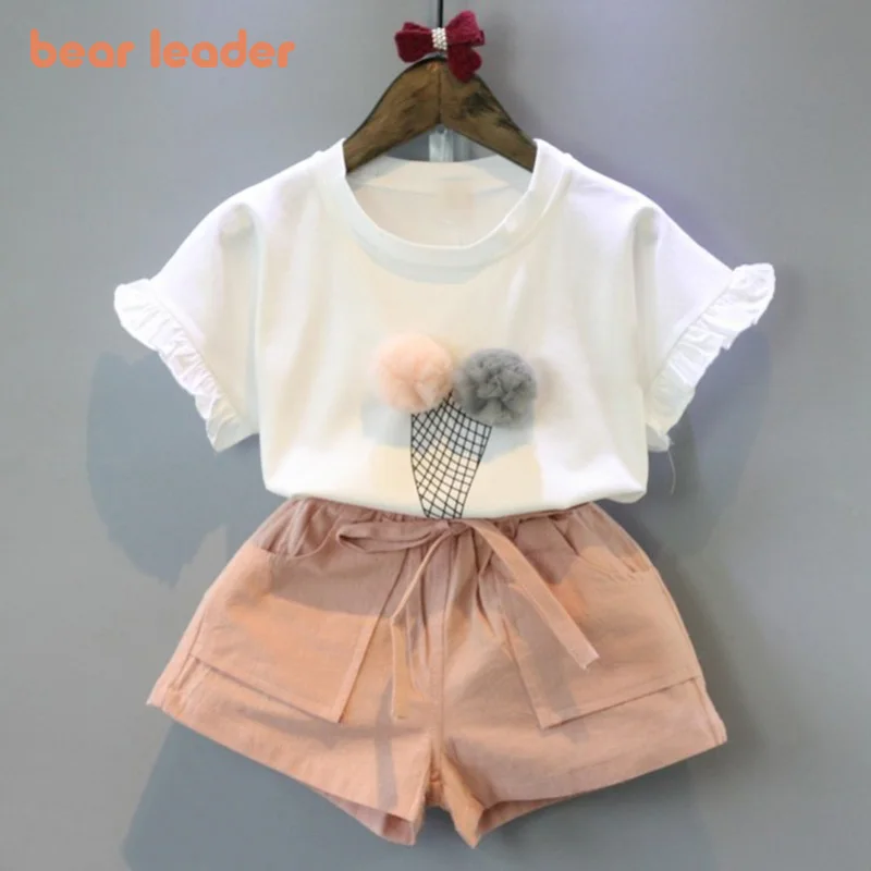 

Bear Leader Children Clothing Sets Summer New Girls Suit Cute T-shirt with Cartoon Pattern Pant with Bow Belt 2PCS Girl Costumes
