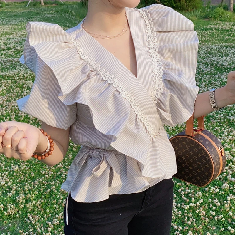 

new arrival fashion blouse women summer striped casual elegant ruffle fresh office lady temperament wild trend slim shirts