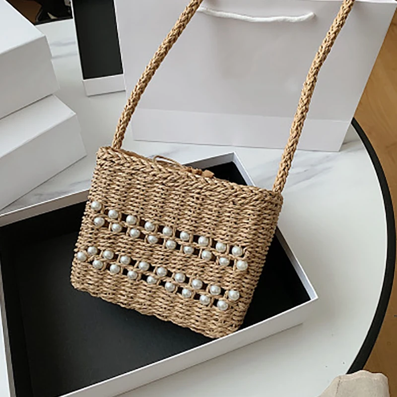 

All-Match Leisure Vacation Beach Pearl Bag Ladies Small Square Bag Straw Shoulder Bag Handbag