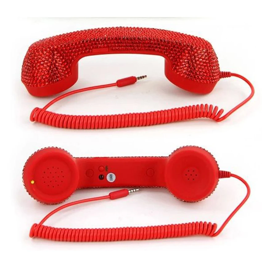 Cellphone Retro Crystal Diamond Handset 3.5mm Mini Microphone Speaker Headset for Mobile Phones, Computer, Red