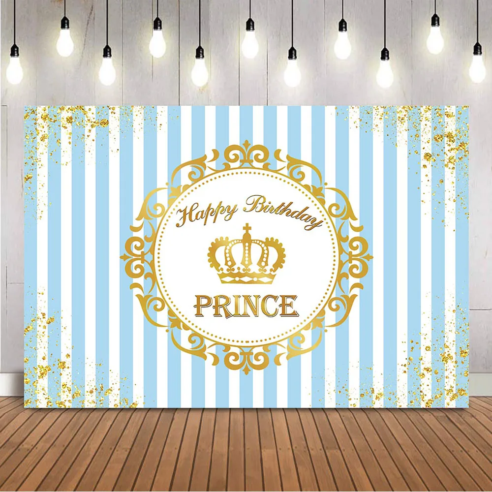 

Prince Birthday Backdrop Blue and White Stripes Happy Birthday Party Decoration Banner Boy Gold Dots Photo Background Photocall