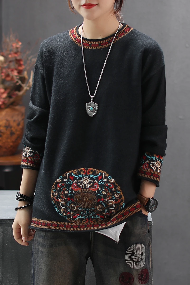 Женский свободный вязаный свитер в стиле ретро Повседневный с круглым вырезом и