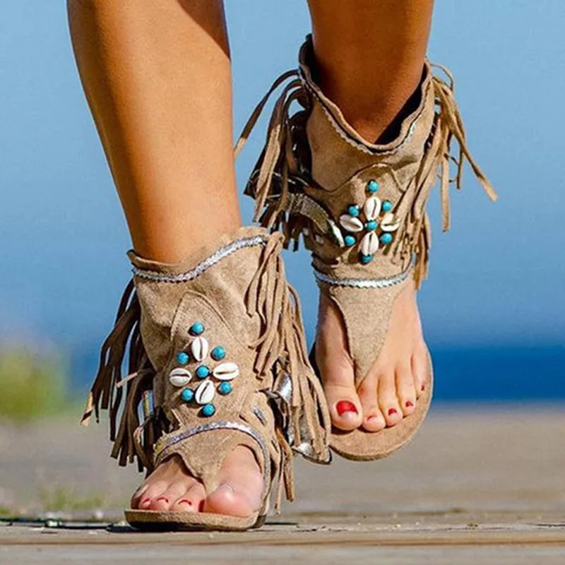 

Woman Bohemia Sandalias Gladiator String Bead Fringe Sewing Buckle Ankle Strap Casual Female Flat Shoes Plus Size