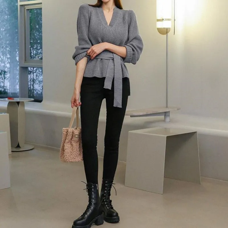 

HziriP Women's Sexy V Neck Sweaters 2020 Spring Elegant Office Lady Jumper Knitted Sweater Tops Long Sleeve Thick Warm Knitwear