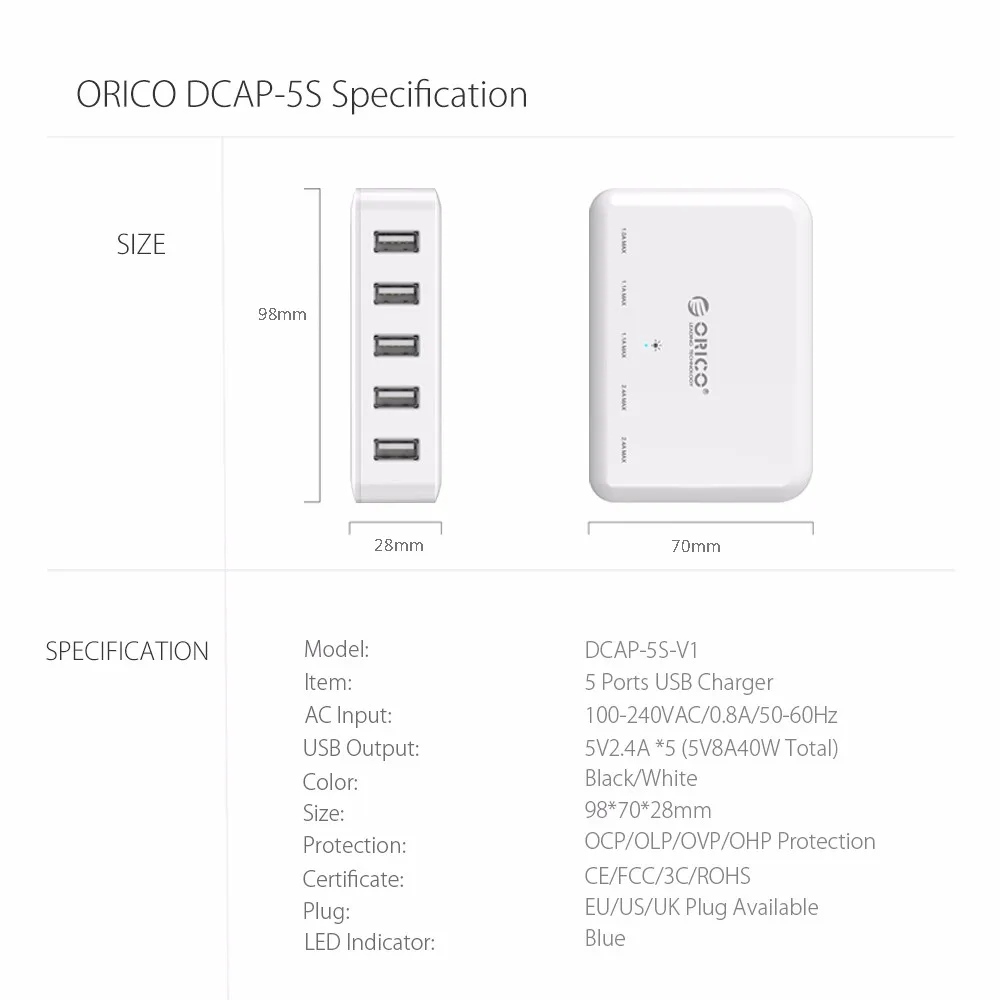 ORICO 5 портов настольное USB зарядное устройство портативное зарядное устройство для samsung Xiaomi huawei Phone Tablet