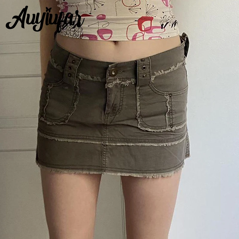 

Auyiufar Solid Fairy Grunge Frayed Bodycon Jeans Skirts Y2k Sexy Low Rise Urban 90s Pockets Vintage Mini Skirt Streetwear Cloth