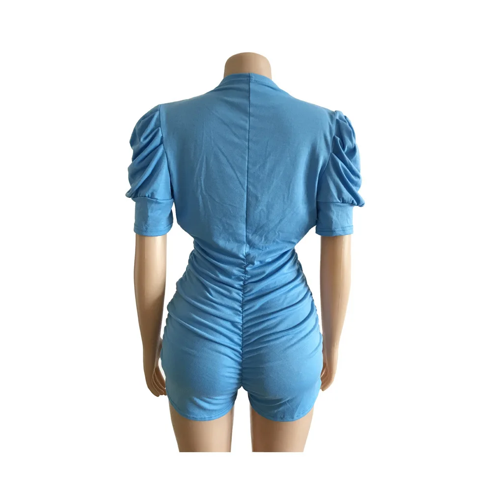 

Plus Size Skinny Rompers Womens Jumpsuit Summer Deep V Neck Short Sleeve Club Party Bodysuit High Street Pleated Short Playsuits