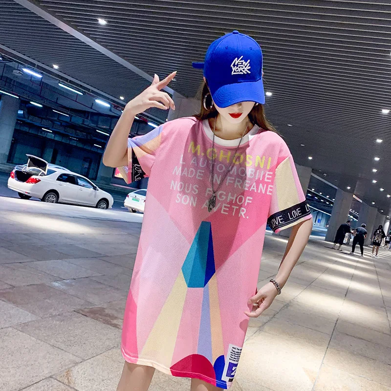 

2022 Summer Loose Thin Simple Blue Short Sleeved T-shirt Dress New Korean Elastic Round Neck Casual Women Top Tide Free Shipping