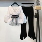 Брюки женские в Корейском стиле, рубашка с длинным рукавом и бантом, брюки в полоску, костюм в стиле Харадзюку, Y2k, весна-осень
