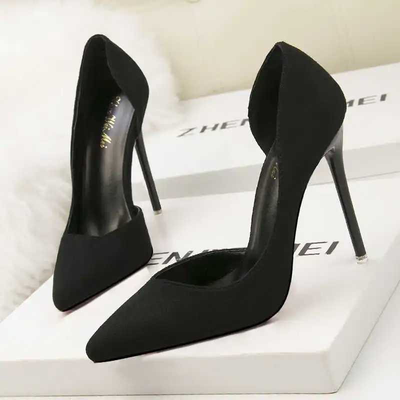 

Korean simple thin heel high heel suede thin shallow mouth edge sexy hollow out women's single shoes